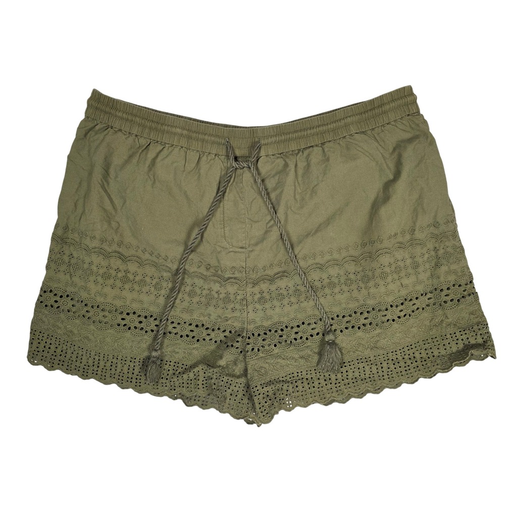 Faded Glory Eyelet Scalloped Shorts Drawstring 18 Olive Green GOOD Bohemian